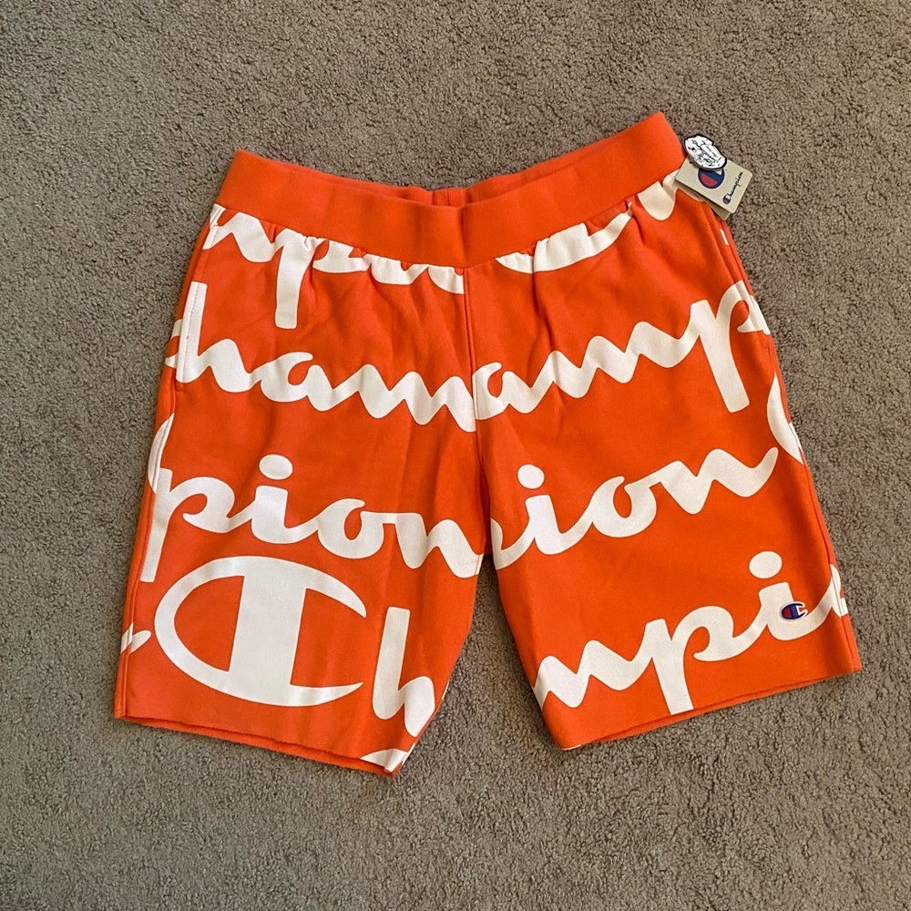 Champion - Men's Reverse Weave Cut-Off Allover Print Shorts: Orange/White